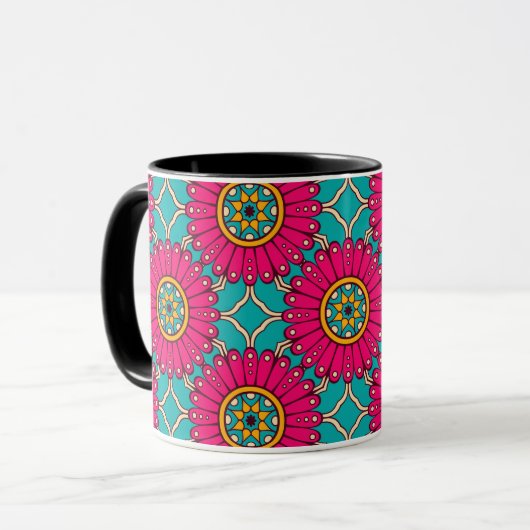 Afrikaanse Ankara Print Magenta en Blauwgroen Mok (Voorkant links)