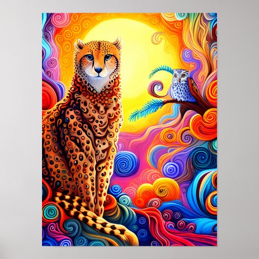 Afrikaanse Cheetah en Uil met Zon in Gekleurde Swi Poster (Voorkant)