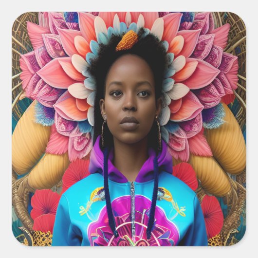 Afrikaanse dame met bloemige trainingspak vierkante sticker (Voorkant)