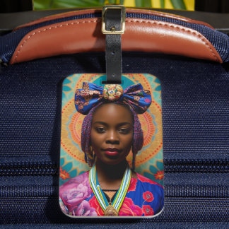 Afrikaanse dame met grote boog en medaillon bagagelabel