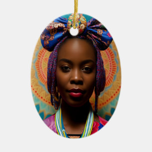 Afrikaanse dame met grote boog en medaillon keramisch ornament