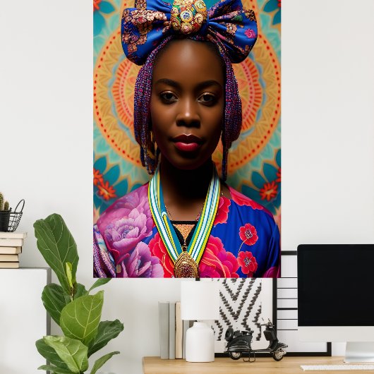 Afrikaanse dame met grote boog en medaillon poster (Thuiskantoor)