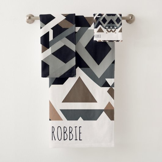 Afrikaanse driehoek geometrisch bruin grijs patroo bad handdoek (Insitu)