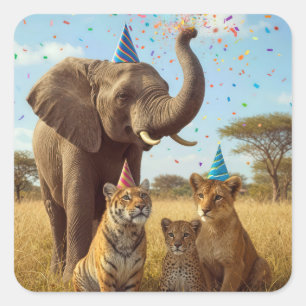 Afrikaanse feestbeesten met hoeden en confetti vierkante sticker