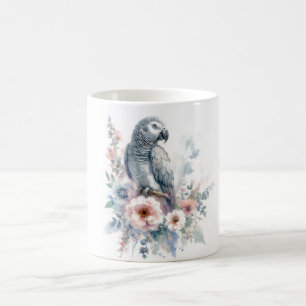 Afrikaanse Grijze Papegaai Bloemrijke Aquarel Koffiemok