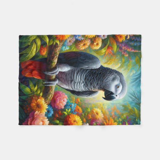 Afrikaanse grijze papegaai met kleurrijke bloemen fleece deken (Voorkant (Horizontaal))