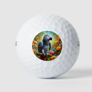 Afrikaanse grijze papegaai met kleurrijke bloemen golfballen