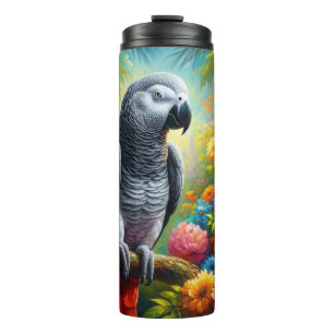 Afrikaanse grijze papegaai met kleurrijke bloemen thermosbeker