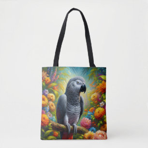 Afrikaanse grijze papegaai met kleurrijke bloemen tote bag