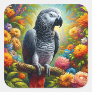 Afrikaanse grijze papegaai met kleurrijke bloemen vierkante sticker