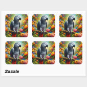 Afrikaanse grijze papegaai met kleurrijke bloemen vierkante sticker (Vel)