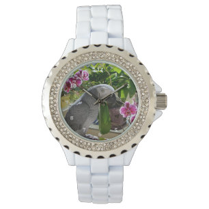 Afrikaanse Grijze Papegaai met Orchideeën Horloge