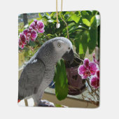 Afrikaanse grijze papegaai met orchideeën keramisch ornament (Links)