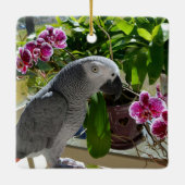 Afrikaanse grijze papegaai met orchideeën keramisch ornament (Achterkant)