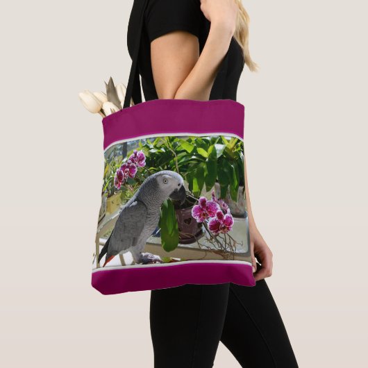 Afrikaanse grijze papegaai met orchideeën tote bag (Dichtbij)