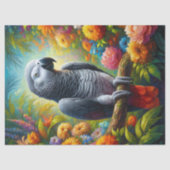 Afrikaanse Grijze Parrot Kleurrijke Bloemen Decoup Tissuepapier (Voorkant)