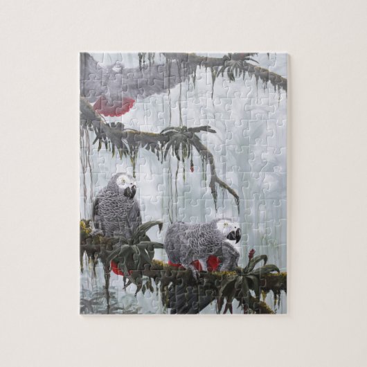 Afrikaanse grijze parrots die vrij vliegen legpuzzel (Verticaal)
