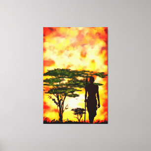 Afrikaanse jager met speer in zonsondergang Canvas Afdruk