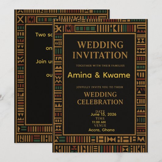 Afrikaanse Kente Gold Wedding Uitnodiging (Voorkant / Achterkant)