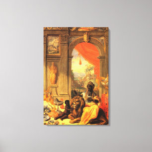 Afrikaanse koningin en zoon met Lion in Palace Canvas Afdruk