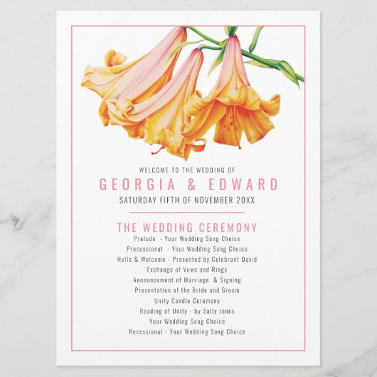 Afrikaanse Koningin Lelie oranje aquarel bruiloft Programmakaart (Voorkant)