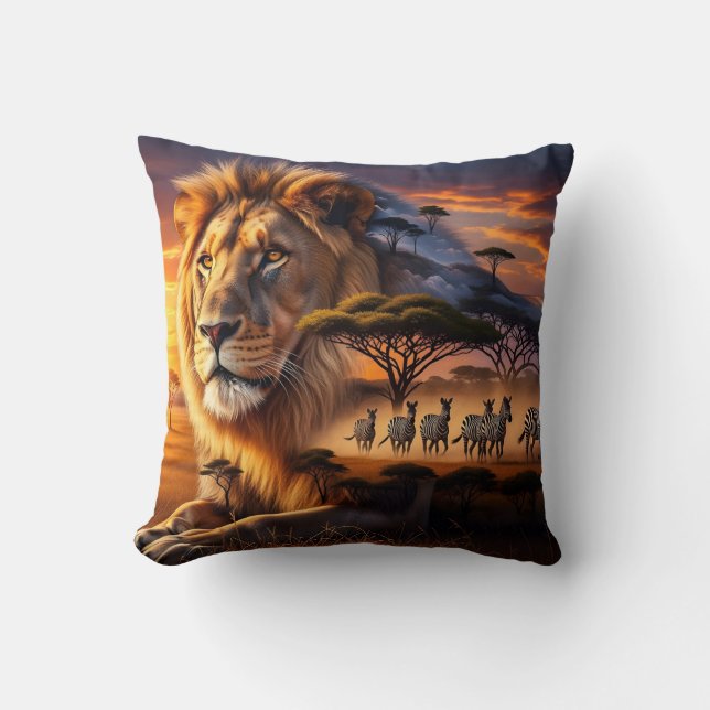 Afrikaanse Leeuw & Zebra Zonsondergang Giraffe Kus Kussen (Voorkant)
