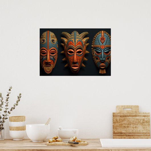 Afrikaanse maskers in sinaasappel en turquoise bla poster (Keuken)