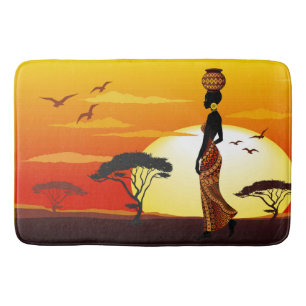 Afrikaanse mooie vrouw silhouet op Afrikaanse zonn Badmat