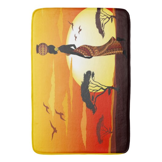 Afrikaanse mooie vrouw silhouet op Afrikaanse zonn Badmat (Voorkant Verticaal)