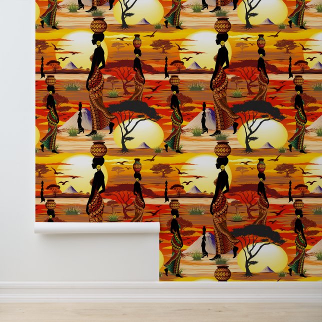 Afrikaanse mooie vrouw silhouet op Afrikaanse zonn Behang (Applicatie)