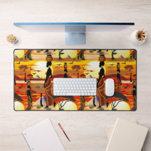 Afrikaanse mooie vrouw silhouet op Afrikaanse zonn Bureaumat