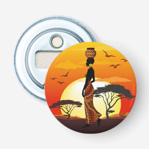 Afrikaanse mooie vrouw silhouet op Afrikaanse zonn Button Flesopener