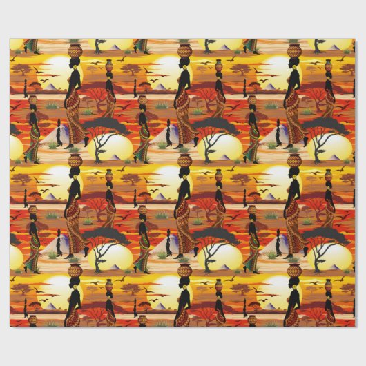 Afrikaanse mooie vrouw silhouet op Afrikaanse zonn Cadeaupapier (Vlak)