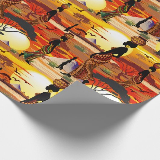 Afrikaanse mooie vrouw silhouet op Afrikaanse zonn Cadeaupapier (Hoek)