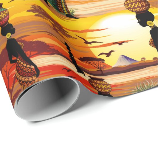 Afrikaanse mooie vrouw silhouet op Afrikaanse zonn Cadeaupapier (Rol Hoek)