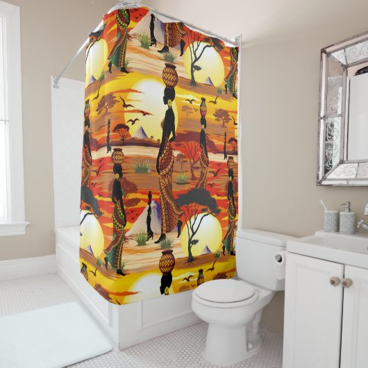 Afrikaanse mooie vrouw silhouet op Afrikaanse zonn Douchegordijn (In situ)