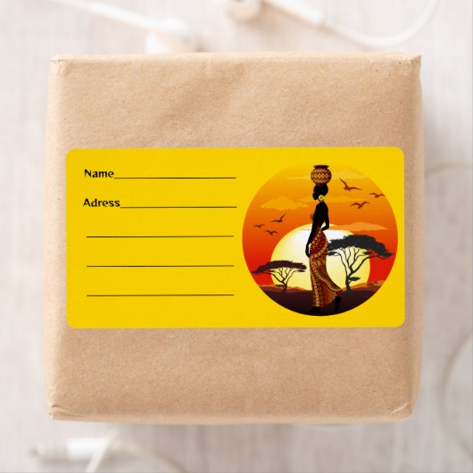 Afrikaanse mooie vrouw silhouet op Afrikaanse zonn Etiket (Insitu)