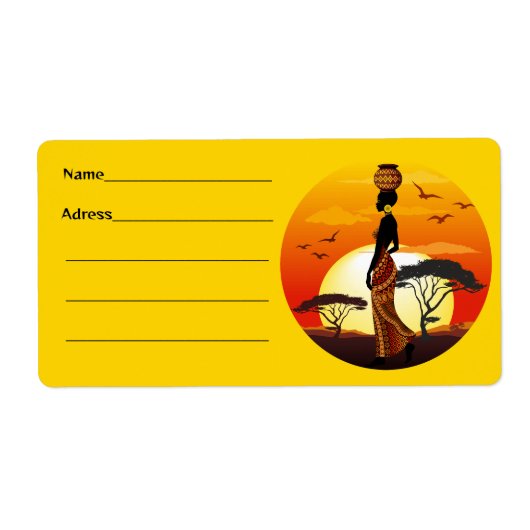 Afrikaanse mooie vrouw silhouet op Afrikaanse zonn Etiket (Voorkant)