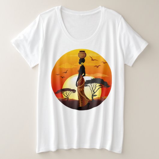 Afrikaanse mooie vrouw silhouet op Afrikaanse zonn Grote Maat T-shirt (Design voorkant)