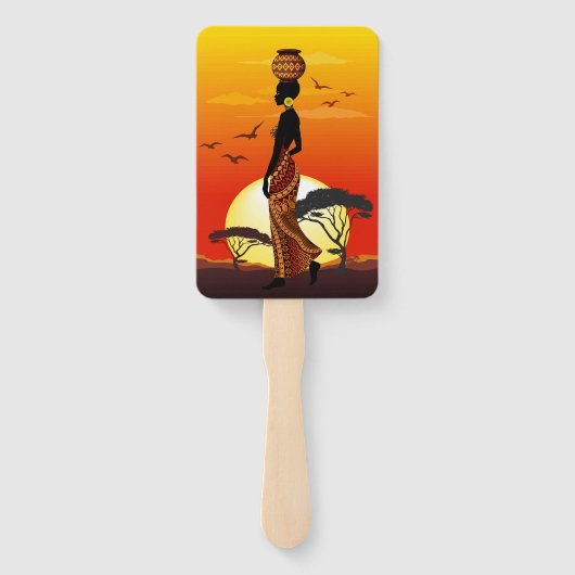 Afrikaanse mooie vrouw silhouet op Afrikaanse zonn Handwaaier (Achterkant)