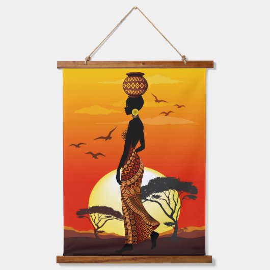 Afrikaanse mooie vrouw silhouet op Afrikaanse zonn Hangend Wandkleed (Voorkant)