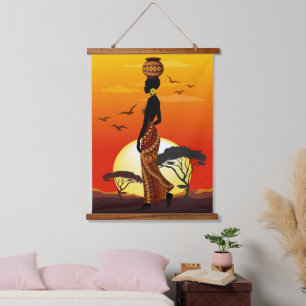 Afrikaanse mooie vrouw silhouet op Afrikaanse zonn Hangend Wandkleed