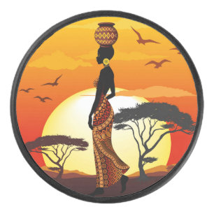 Afrikaanse mooie vrouw silhouet op Afrikaanse zonn Hockey Puck