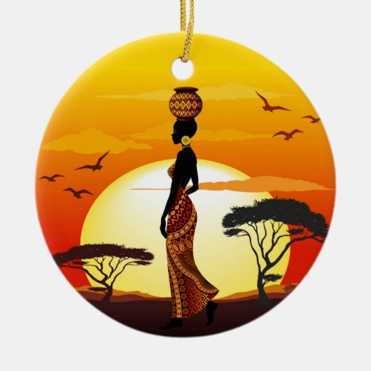 Afrikaanse mooie vrouw silhouet op Afrikaanse zonn Keramisch Ornament (Voorkant)