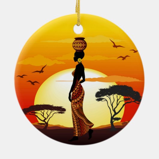 Afrikaanse mooie vrouw silhouet op Afrikaanse zonn Keramisch Ornament (Achterkant)