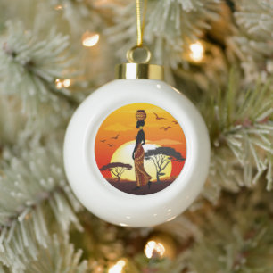 Afrikaanse mooie vrouw silhouet op Afrikaanse zonn Keramische Bal Ornament