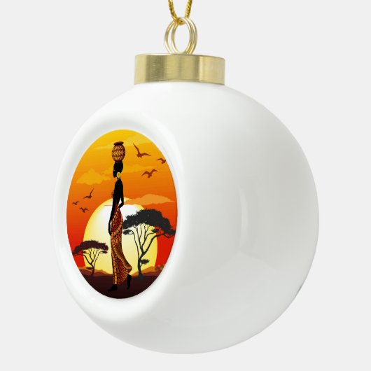 Afrikaanse mooie vrouw silhouet op Afrikaanse zonn Keramische Bal Ornament (Rechts)