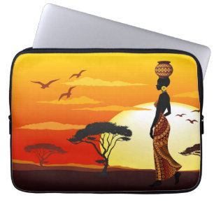 Afrikaanse mooie vrouw silhouet op Afrikaanse zonn Laptop Sleeve