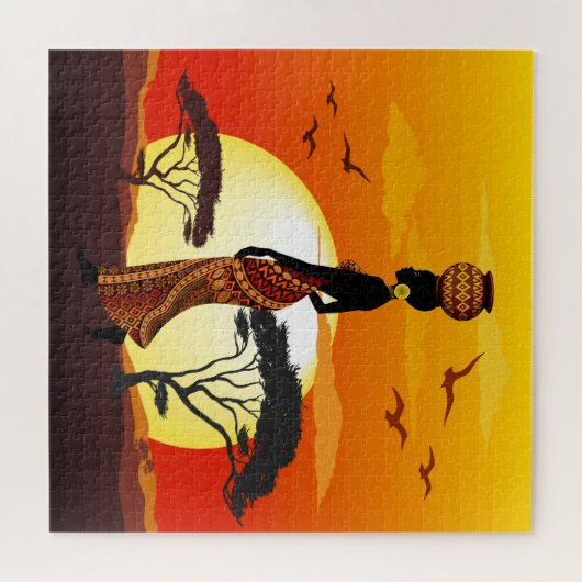 Afrikaanse mooie vrouw silhouet op Afrikaanse zonn Legpuzzel (Horizontaal)