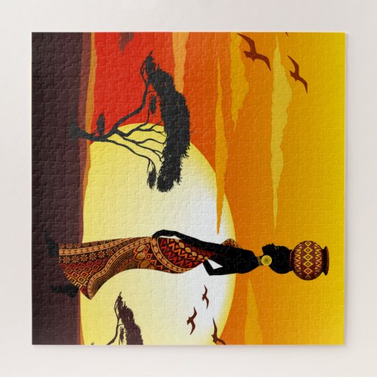 Afrikaanse mooie vrouw silhouet op Afrikaanse zonn Legpuzzel (Horizontaal)